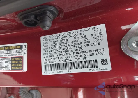 2019 Honda Cr-V Touring z USA, uszkodzony, nr VIN 2HKRW1H97KH502542